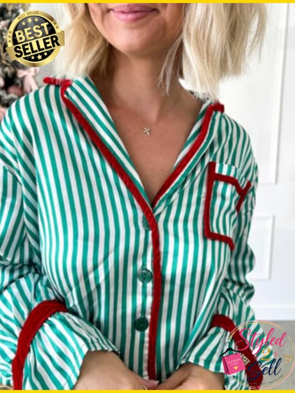 Cute Christmas Bow Tie Pajama Set Women Satin Long Sleeve 2 Piece Sleepwear - Picture 5 of 5